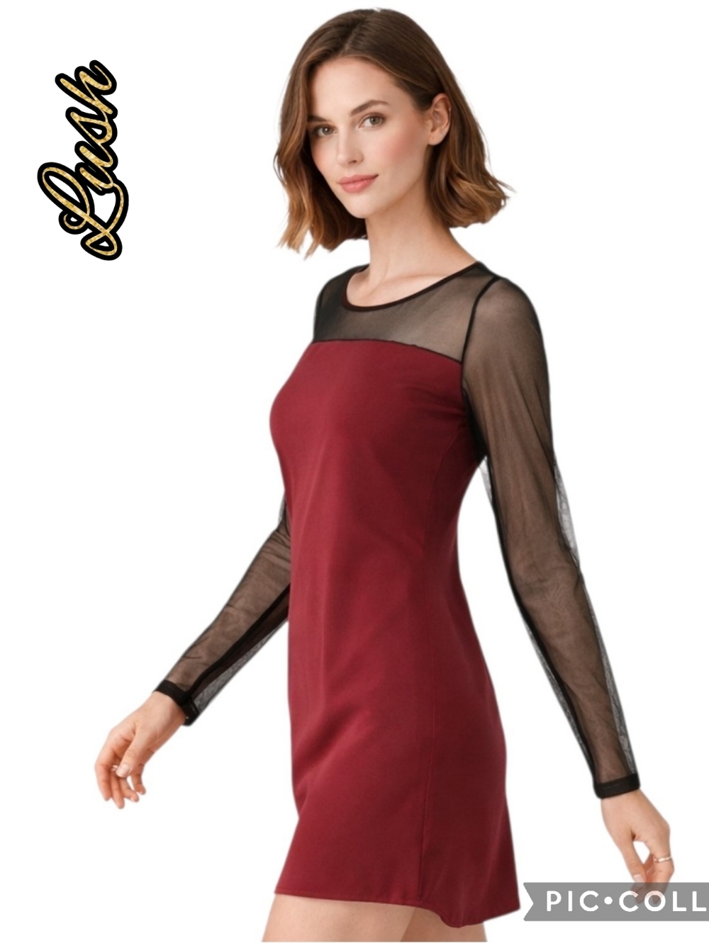 Lush dress party deep plum red black mesh sleeve & trim brand new sml/med